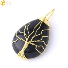 Load image into Gallery viewer, CSJA Tree of Life Necklace Natural Stone Pendant Gold Color Wire Wrap Gem Pink Quartz Tiger Eye Green Aventurine Suspension E585