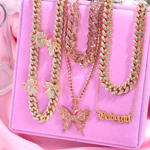 Load image into Gallery viewer, Flatfoosie Iced Out Full Rhinestone Cuban Chain Necklace Women Multilayer Crystal Butterfly Letter Pendant Necklace Punk Jewelry
