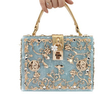 Load image into Gallery viewer, Acrylic Box Evening Bags Women Luxury Flowers Lock Diamonds Stone Pattern Small Square Clutch Shoulder Bag Female Dinner Handbag
