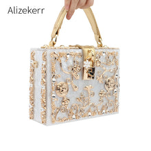 Load image into Gallery viewer, Acrylic Box Evening Bags Women Luxury Flowers Lock Diamonds Stone Pattern Small Square Clutch Shoulder Bag Female Dinner Handbag