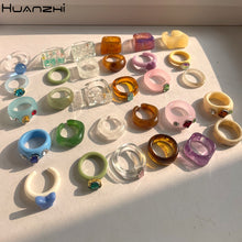 Load image into Gallery viewer, HUANZHI 2021 New Transparent Resin Acrylic Rhinestone Colourful Geometric Square Round Rings Set for Women Jewelry Party Gifts