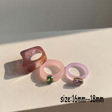 Load image into Gallery viewer, HUANZHI 2021 New Transparent Resin Acrylic Rhinestone Colourful Geometric Square Round Rings Set for Women Jewelry Party Gifts