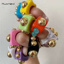 Load image into Gallery viewer, HUANGZHI 2021 New Golden Bead Transparent Resin Acrylic Square Rings For Women Friends Couple Jewelry Trendy Travel