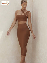 Load image into Gallery viewer, Yinoka Brown bandage bodycon one shoulder dresses women sexy sleeveless mid-calf length black elegant evening night club cloth