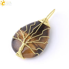 Load image into Gallery viewer, CSJA Tree of Life Necklace Natural Stone Pendant Gold Color Wire Wrap Gem Pink Quartz Tiger Eye Green Aventurine Suspension E585
