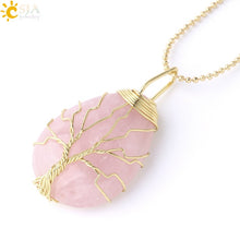 Load image into Gallery viewer, CSJA Tree of Life Necklace Natural Stone Pendant Gold Color Wire Wrap Gem Pink Quartz Tiger Eye Green Aventurine Suspension E585
