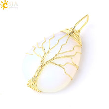 Load image into Gallery viewer, CSJA Tree of Life Necklace Natural Stone Pendant Gold Color Wire Wrap Gem Pink Quartz Tiger Eye Green Aventurine Suspension E585
