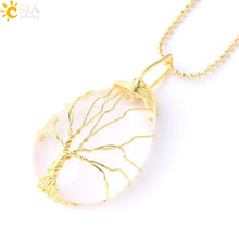 Load image into Gallery viewer, CSJA Tree of Life Necklace Natural Stone Pendant Gold Color Wire Wrap Gem Pink Quartz Tiger Eye Green Aventurine Suspension E585

