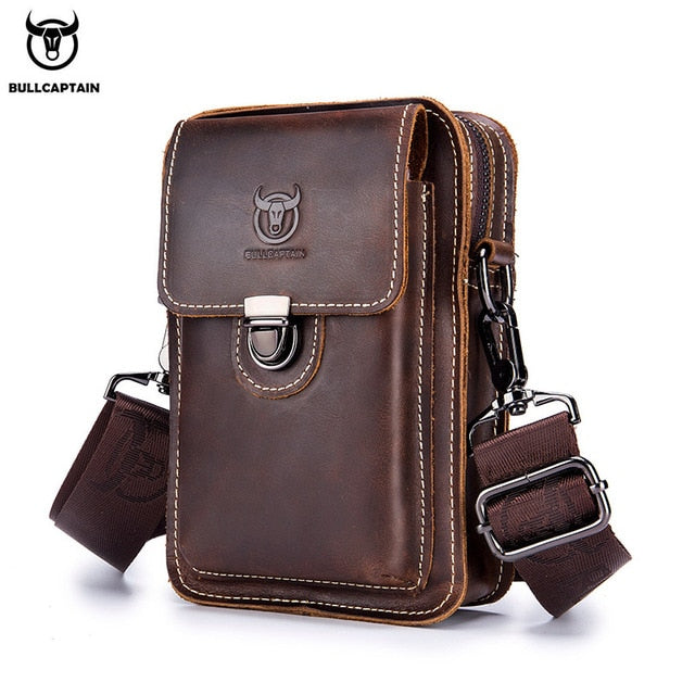 BULLCAPTAIN Crazy horse leather Male Waist Pack Phone Pouch Bags Waist Bag Men's Small chest Shoulder Belt Bag back pack075