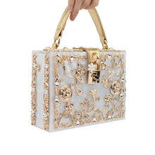 Load image into Gallery viewer, Acrylic Box Evening Bags Women Luxury Flowers Lock Diamonds Stone Pattern Small Square Clutch Shoulder Bag Female Dinner Handbag
