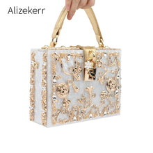 Load image into Gallery viewer, Acrylic Box Evening Bags Women Luxury Flowers Lock Diamonds Stone Pattern Small Square Clutch Shoulder Bag Female Dinner Handbag
