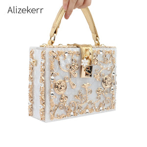 Acrylic Box Evening Bags Women Luxury Flowers Lock Diamonds Stone Pattern Small Square Clutch Shoulder Bag Female Dinner Handbag