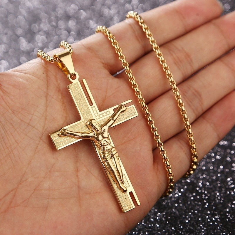 Religious Style Christ Crucifix Gold Cross Pendant Chain Necklace Men's Classic Punk Party Jewelry