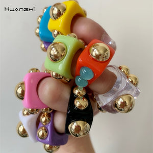 HUANGZHI 2021 New Golden Bead Transparent Resin Acrylic Square Rings For Women Friends Couple Jewelry Trendy Travel