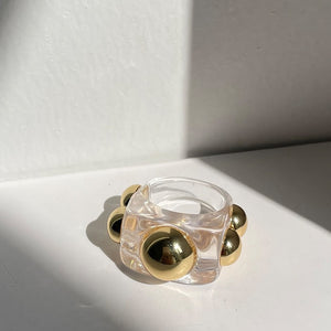 HUANGZHI 2021 New Golden Bead Transparent Resin Acrylic Square Rings For Women Friends Couple Jewelry Trendy Travel
