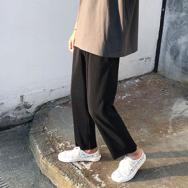 Pleated Straight Pants Men's Fashion Elastic Waist Casual Pants Men Streetwear Loose Ice Silk Trousers Mens Wide Leg Pants