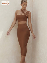 Load image into Gallery viewer, Yinoka Brown bandage bodycon one shoulder dresses women sexy sleeveless mid-calf length black elegant evening night club cloth
