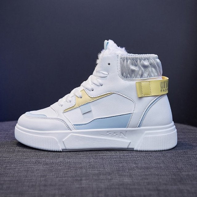 High Top Sneakers Women Round Toe Mix-ed Color Lace-up New Design Chunky Low Heel All-match Light Latest Women Leisure Shoes