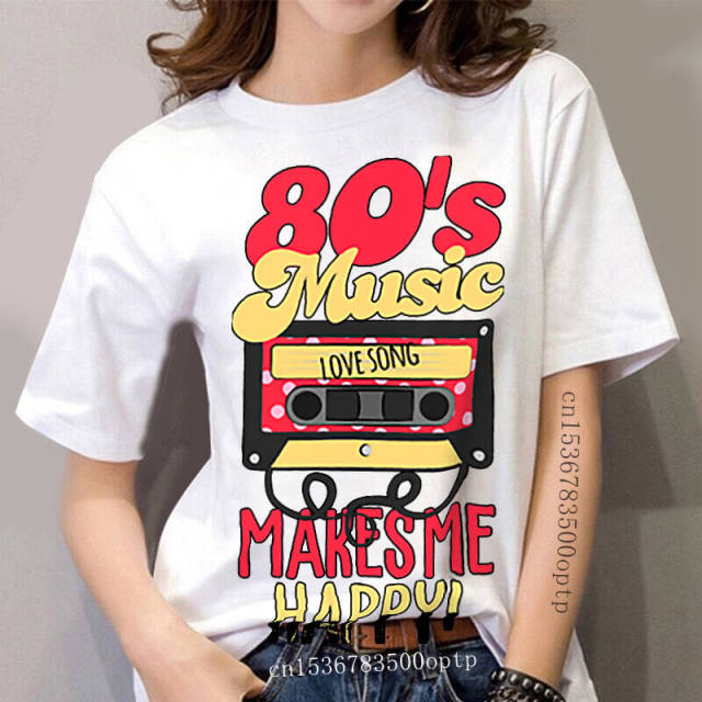 Customize Latest 80s Music makes me happy t-shirt boy girl Clothes Trend women's t-shirts round Neck Short-Sleeve trendy